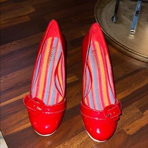 Restricted Red Patent Wedge Ballet Flats with Buckle Detail